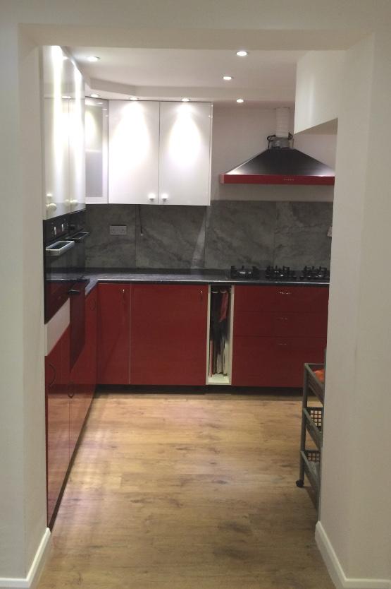 Newly fitted red kitchen
