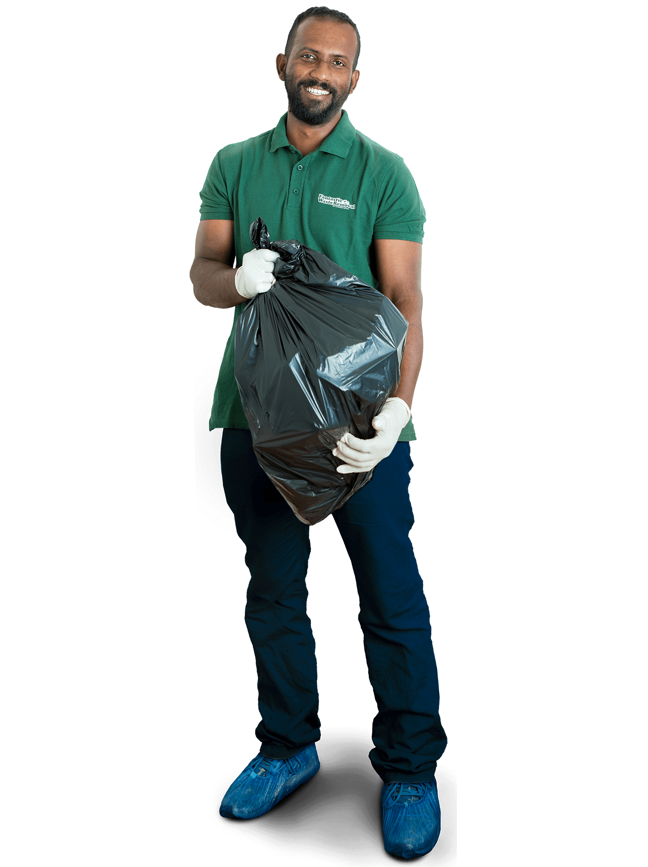 rubbish removal technician holding a garbage bag