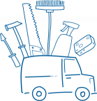 A drawing of a van full of home services