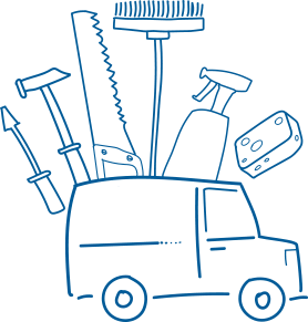 A drawing of a van full of home services