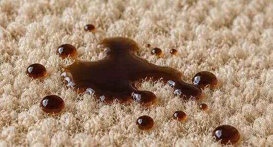 Liquid beading on Scotchgard-protected carpet fibres instead of soaking in