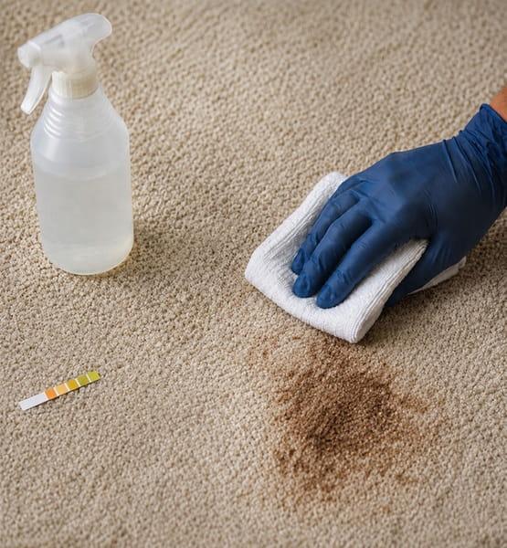 carpet-stain-removal-melbourne Professional carpet stain removal in Melbourne - coffee stain half lifted during pH-matched treatment